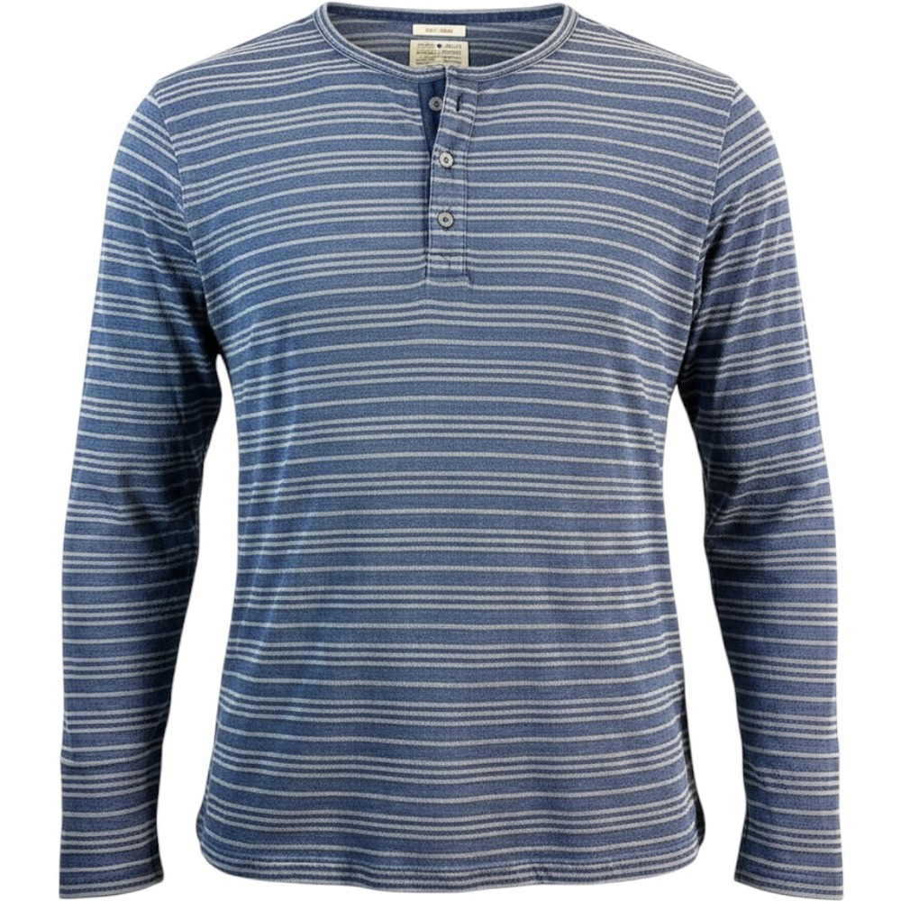 LUCKY BRAND Henley Shirt Men's Large Blue Striped True Indigo Long Sleeve Top